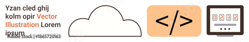 Cloud storage, web development, programming, digital transformation, technology, IT. Cloud icon, code symbol and numbered screen design. Cloud storage and web development