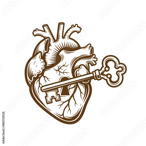 Vintage Anatomical heart with a large key going through it isolated on white background