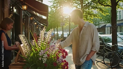 Man walking down charming city street with cafe and flowers