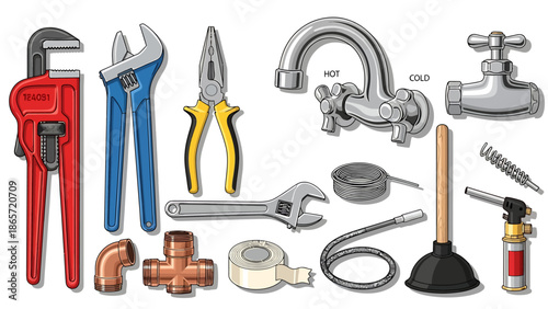 Plumbing tools and fixtures collection for DIY and professional use.