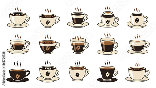 Collection of Coffee Cups with Steam Rising in Various Designs.