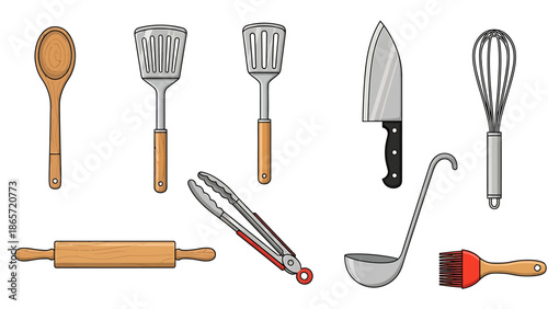 Assorted kitchen utensils and cooking tools illustration.