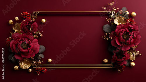 Luxury chinese festive oriental background frame with red flower and golden element on dark maroon background creating elegant celebration border design