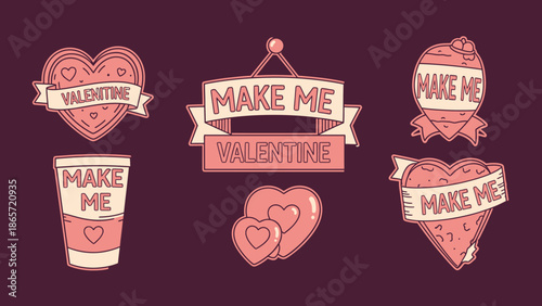 Valentine's Day themed graphic elements with hearts and banners.