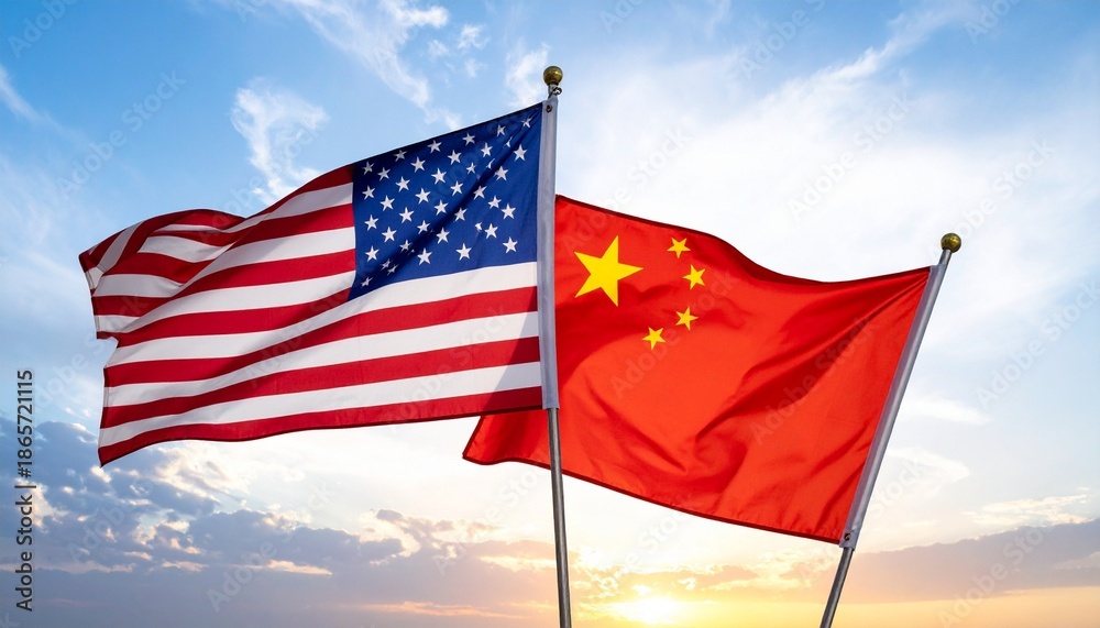 Fototapeta premium China and US flags waving at sunrise