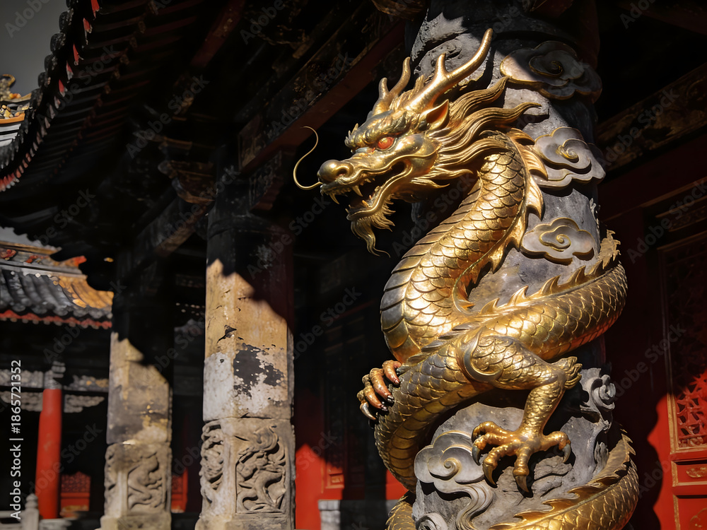Obraz premium detailed golden dragon statue perched on pillar in ancient palace setting