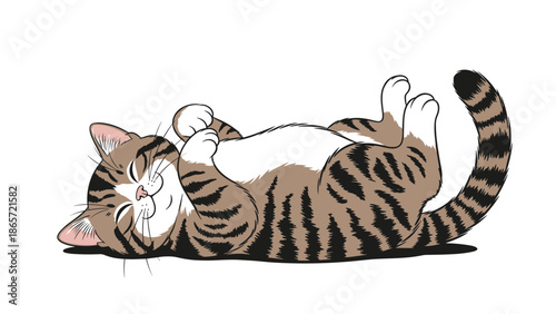 Cute tabby cat lying on its back with its paws up and a happy expression on its face in a playful and adorable character illustration.