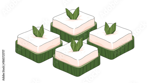 Traditional southeast asian dessert known as kuih tako featuring creamy white layers in small green leaf containers on white background.