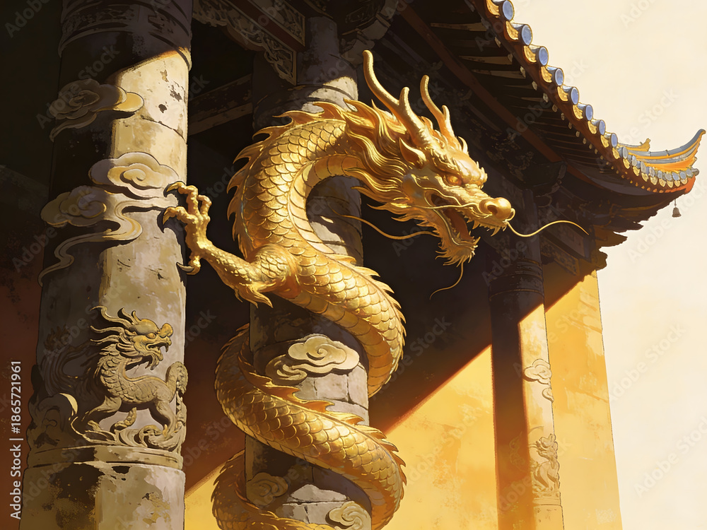 Fototapeta premium intricate golden dragon carving on pillar in Chinese cultural architecture
