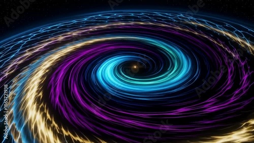 Vibrant swirling galaxy with purple, blue, and gold hues in space