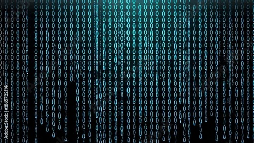 Glowing blue binary code cascading down on black background