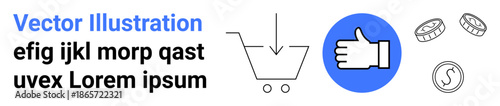 Online shopping, e-commerce, payment methods, digital approval, financial transactions, customer satisfaction. Shopping cart, coins thumbs-up icon with a minimalist design. Online shopping