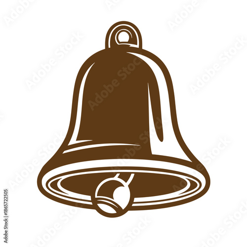 Vintage Brown bell with clapper hanging from loop on white background
