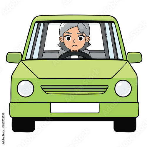 A cartoon illustration of a frustrated senior woman driving a green car