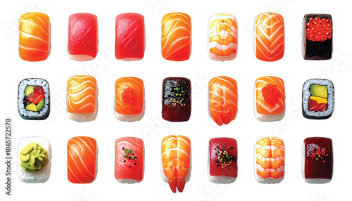 Assortment of Delicious and Colorful Sushi Pieces on White Background.