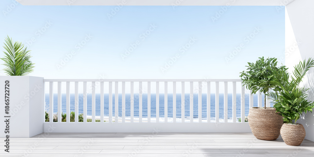 Fototapeta premium Balcony with sea view and potted plants on a bright day near the coast
