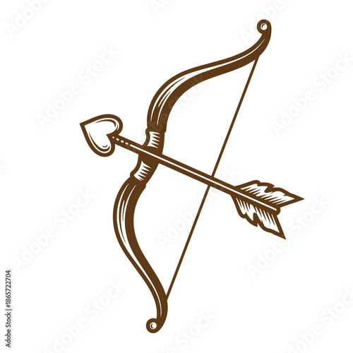 Vintage Brown bow and arrow with heart shaped arrowhead on transparent background