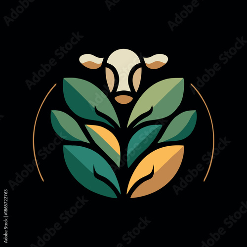 Eco Farm Cow Logo with Green Leaves – Organic Agriculture Vector Emblem