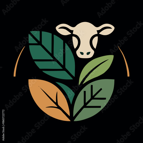 Eco Farm Cow Logo with Green Leaves – Organic Agriculture Vector Emblem