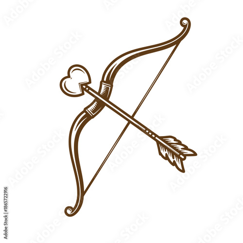 Vintage Brown bow and arrow illustration with heart shaped arrowhead on white background  symbol for love and romance