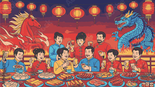 Vibrant illustration of a group of people celebrating Chinese's Day with traditional food and decorations featuring a dragon and horse in a festive atmosphere with warm colors.
