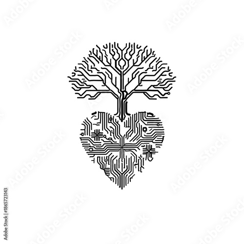 icon of a human heart constructed from electronic circuit board patterns, with branches extending into digital wiring and connector nodes. A futuristic symbol of the intersection between cardiology