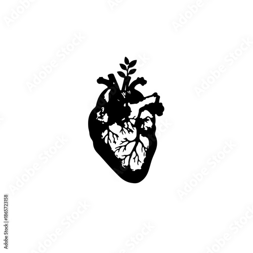 icon of a human heart with subtle cracks, where a small, resilient tree sprout emerges from the fractures. A powerful metaphor for cardiology recovery, emotional healing, the strength of life's growth