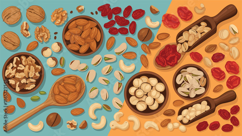 Wide assortment of healthy nuts and dried fruits including walnuts, almonds, pistachios, and raisins on a dual colored background.