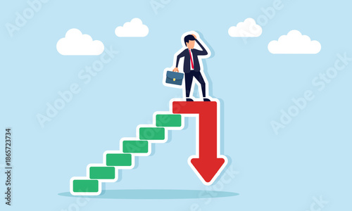 Confused businessman facing stairs suddenly pointing downward illustration of thinking hard to find solutions for negative business company trends