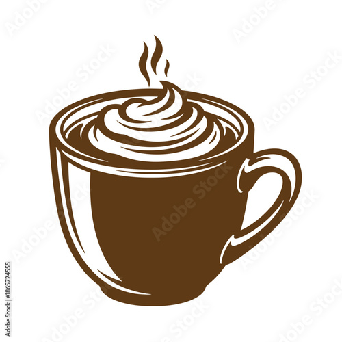 Vintage brown coffee cup with whipped cream and steam rising isolated on white background