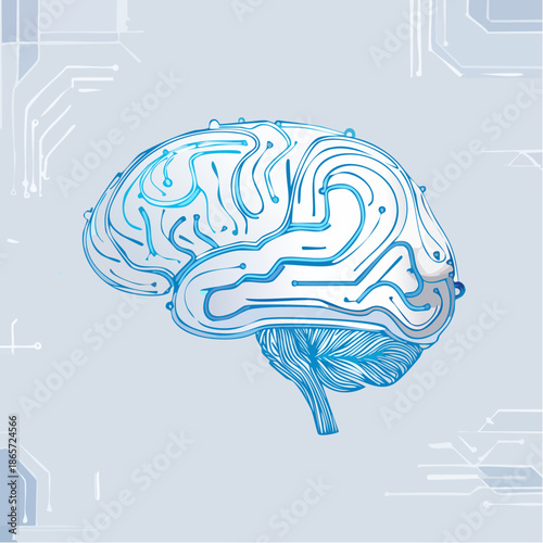Artificial Intelligence Concept with Human Brain Silhouette and Blue Digital Circuit Board Patterns Vector