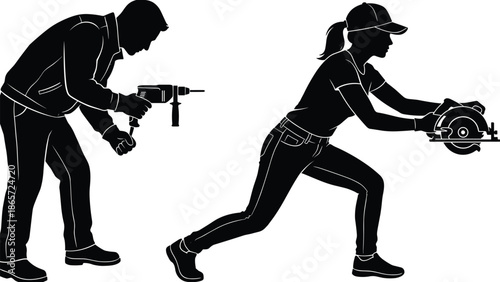 Construction worker silhouettes using power tools, male and female builders drilling and cutting in professional industrial safety concept illustration set