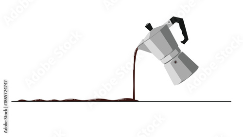 Fresh coffee being poured from a classic silver moka pot onto a flat surface, creating a long dark liquid trail on a white background.