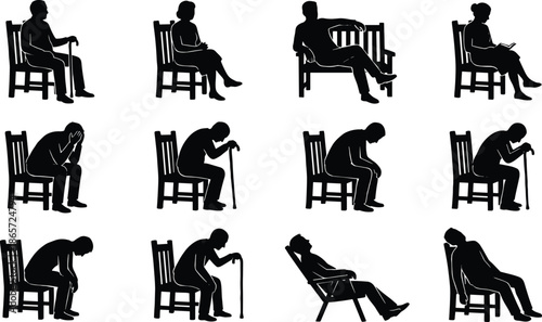 Elderly people silhouettes showing sitting, resting, thinking, loneliness, relaxation, and aging emotions on chairs with cane in senior life concept