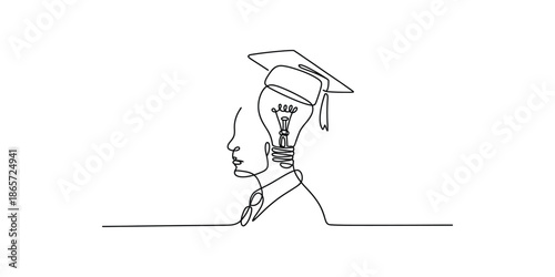 Continuous one line drawing of Man with bulb idea head wearing collage graduation hat cap, Smart genius people business finance school vector illustration.