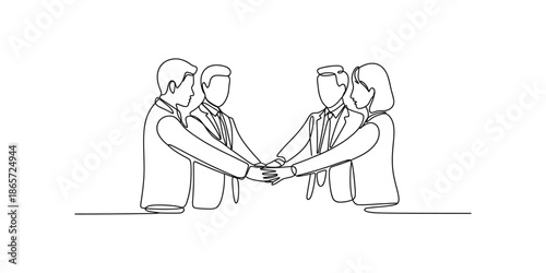 Continuous one line drawing, of group young male and female business people unite their hands, Unity teamwork concept vector illustration.