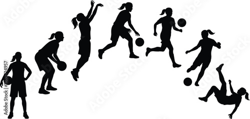 Female soccer player silhouettes performing dribbling, running, kicking, jumping, and falling actions in dynamic football sports movement illustration