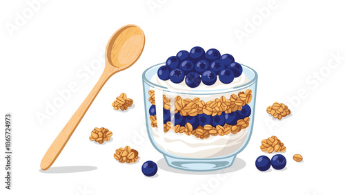 Healthy blueberry yogurt parfait in a glass bowl with layers of granola and fresh blueberries beside a simple wooden spoon on white.