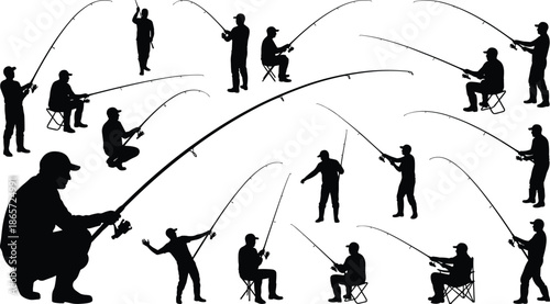 Fishing activity silhouettes collection showing anglers casting rods, reeling lines, standing and sitting while sport fishing outdoors scenes