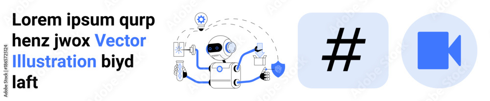 Obraz premium Robot interacting with screens, performing data tasks, and analyzing social connections. Ideal for AI, automation, analytics, digital tools, social media, marketing technology simple landing page