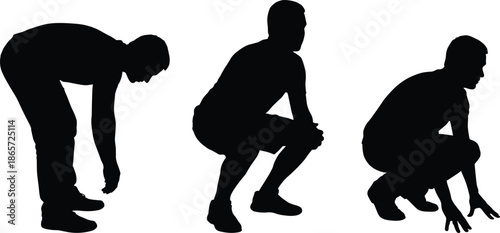 Male human silhouettes showing bending, squatting, crouching, and lifting postures representing physical movement, work actions, and body position concepts