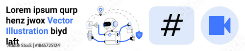 Robot interacting with screens, performing data tasks, and analyzing social connections. Ideal for AI, automation, analytics, digital tools, social media, marketing technology simple landing page
