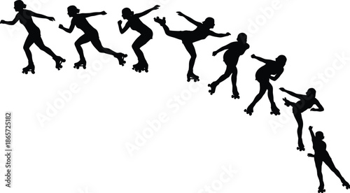 Roller skating silhouettes sequence illustrating female skater speed, balance, jumps, turns, and expressive freestyle movements in dynamic sport action