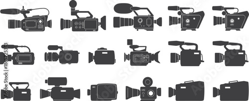 Collection of black cameras in various styles and recording devices