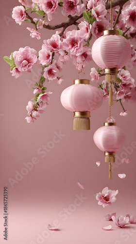Luxury lantern decoration with chinese plum blossom branch festive oriental background concept elegant spring floral background celebration design falling petal calm mood warm light
