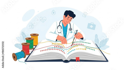 Doctor repairing a book with colorful threads and stitches, symbolizing medical solutions and healthcare with symbolic and conceptual