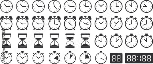 Collection of clocks and timekeeping devices in black and white