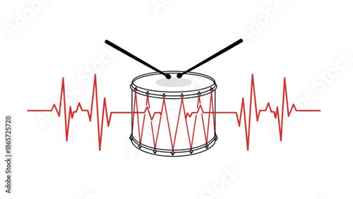 A black and white line drawing of a drum with red heartbeat lines on a white background, conveying energy and rhythm in a simple with music