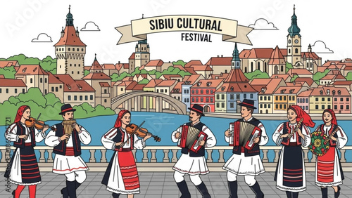 Sibiu cultural festival, traditional folk musicians perform on bridge, cityscape background, colorful illustration, cultural event