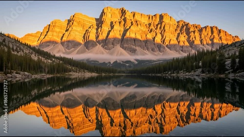Majestic mountain range reflecting in calm lake under warm sunlight